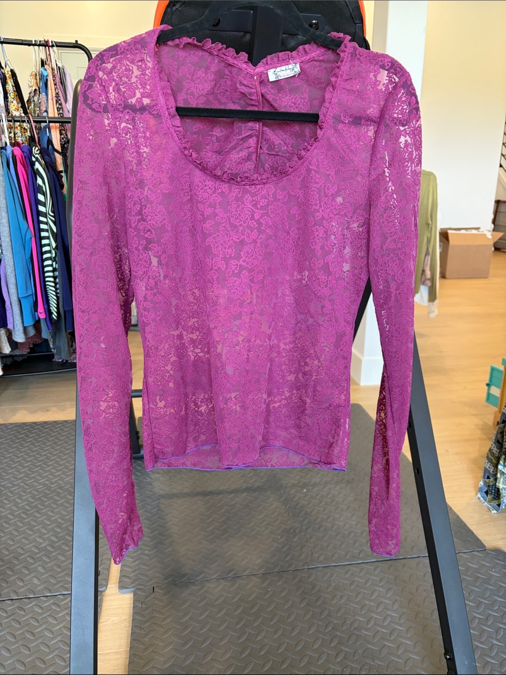 Free People Fuchsia Floral Lace Long Sleeve Scoop Neck Top